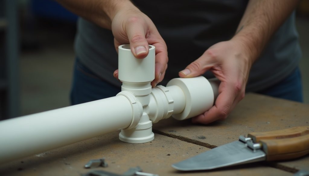 Hands pushing a white PVC pipe into a coupling fitting with a quarter turn on a workbench, an applicator dauber resting