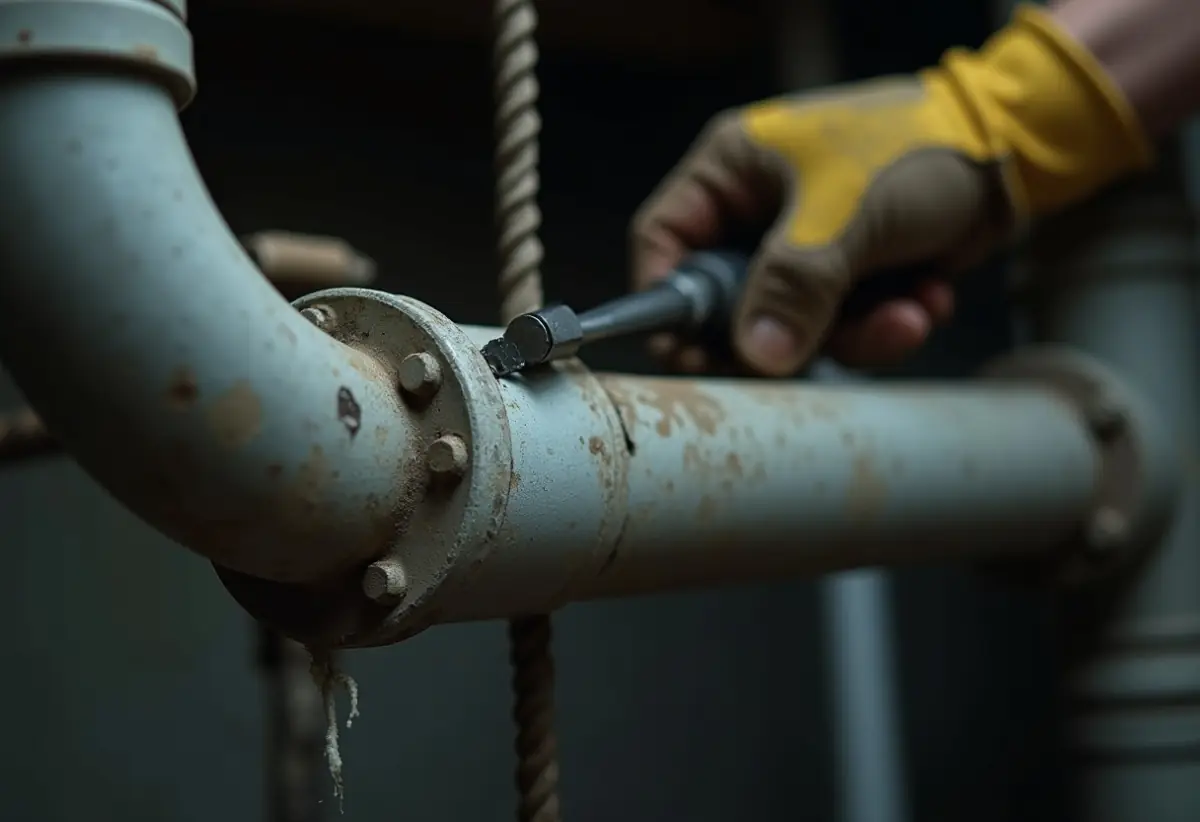 Gloved hand scraping a dull gray basement pipe to reveal shiny metal