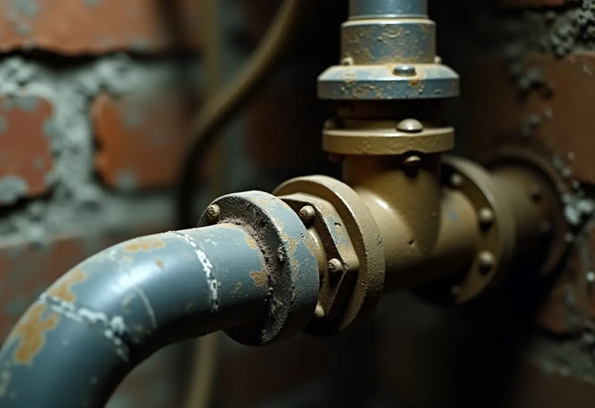 Old basement water line with a bulb-shaped joint near the main shutoff