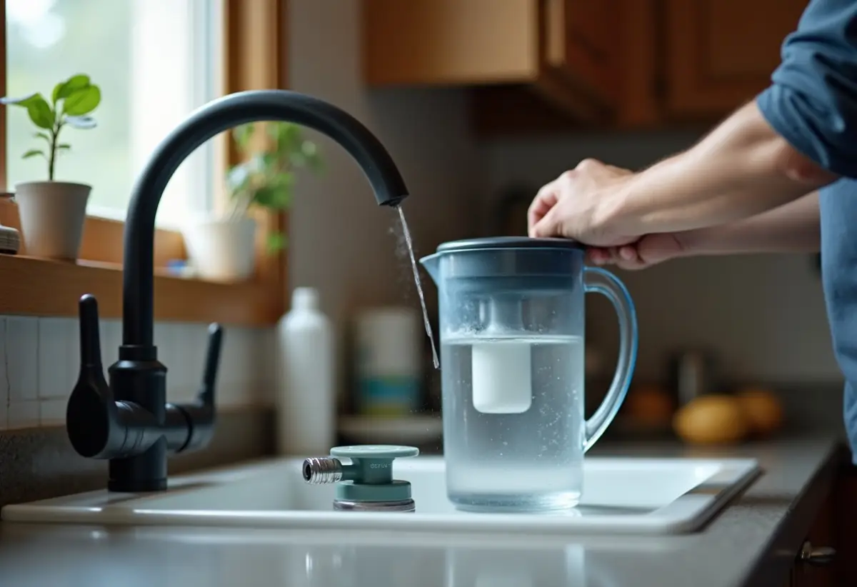 Hand removing a faucet aerator beside a water filter pitcher under running tap water