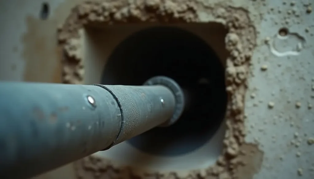 A dull gray metal water service pipe entering a basement wall through concrete to the main shutoff valve, a shiny scratc
