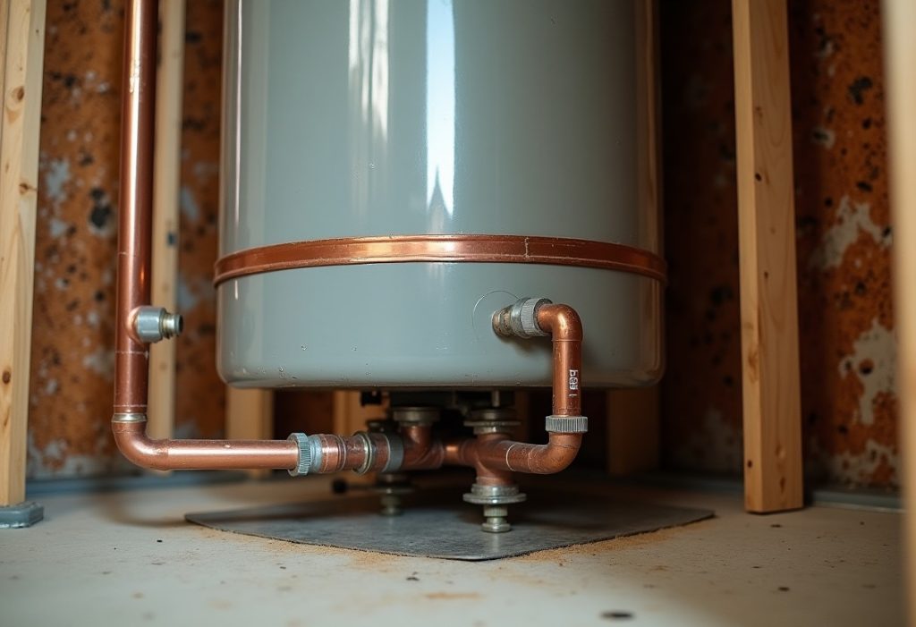 Water heater with T&P discharge pipe, floor pan, and metal seismic straps visible