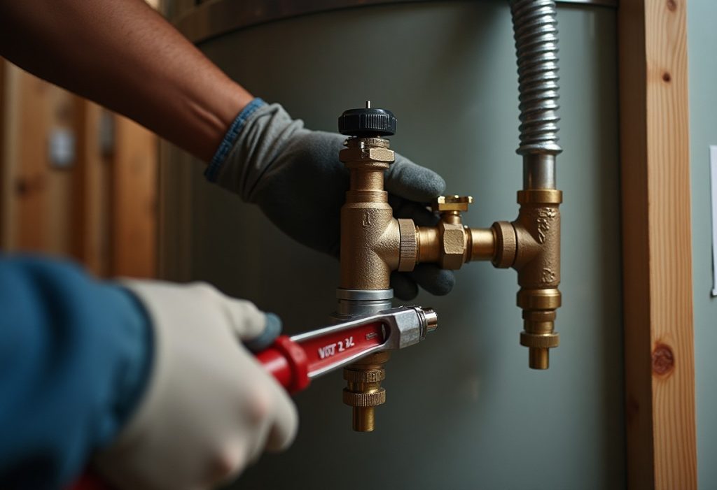 Hands tightening gas connector with pipe wrench under a gas water heater