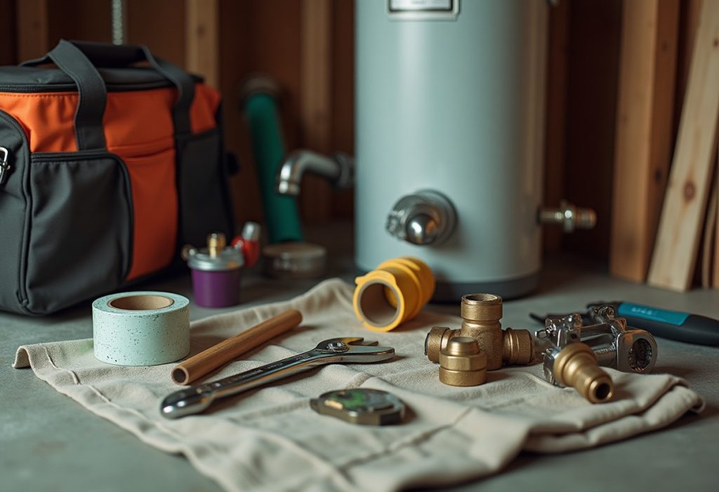 Basic homeowner tools next to a contractor's full tool bag by a water heater