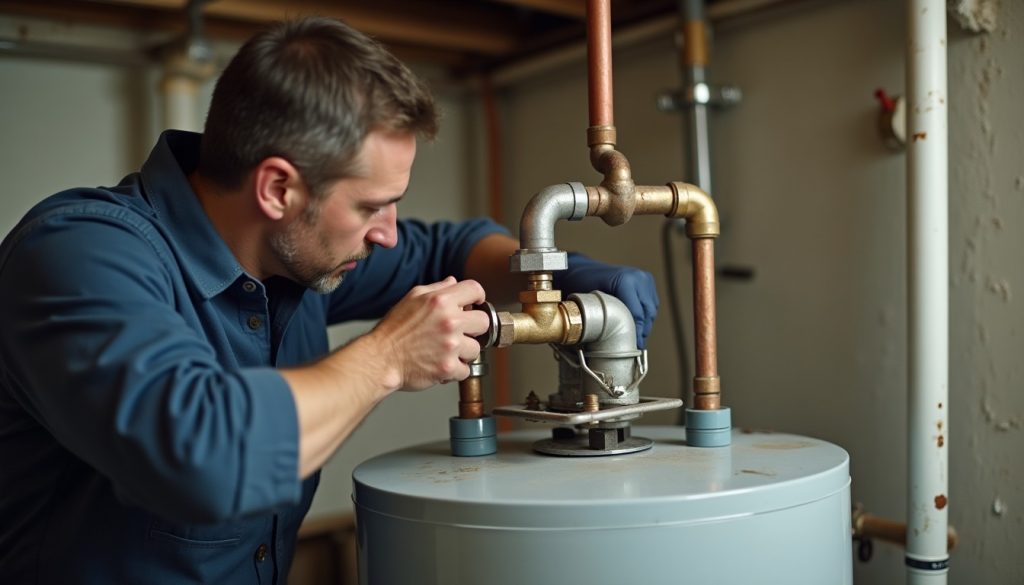 A plumber connecting copper supply lines and a flexible gas connector to a newly set tank water heater in a basement, pl