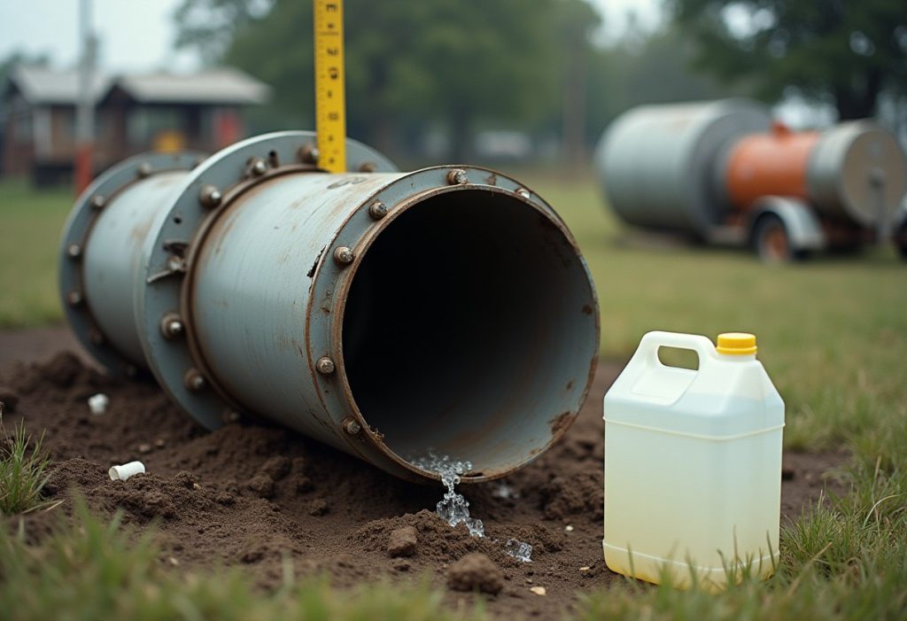 Open well casing with measuring tape and bleach jug beside it on grass