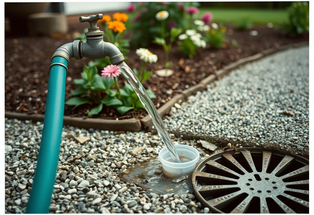 Garden hose draining water across gravel driveway away from plants