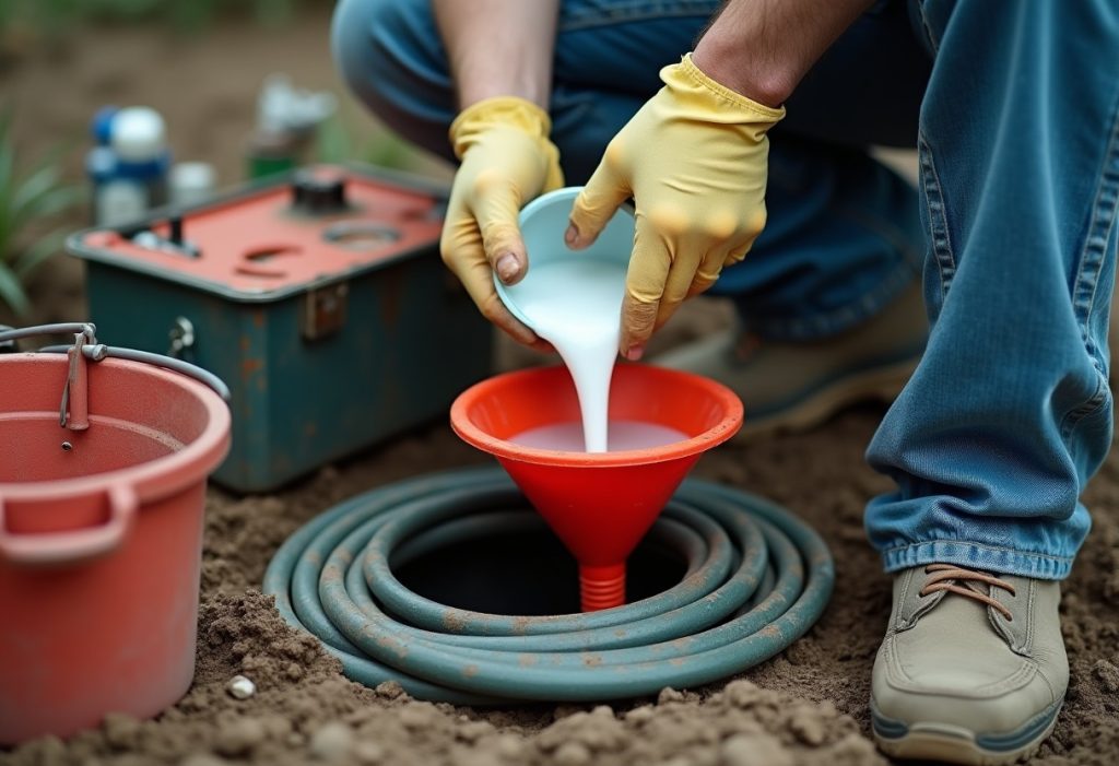 Gloved hands pouring bleach through funnel into well casing with tools nearby