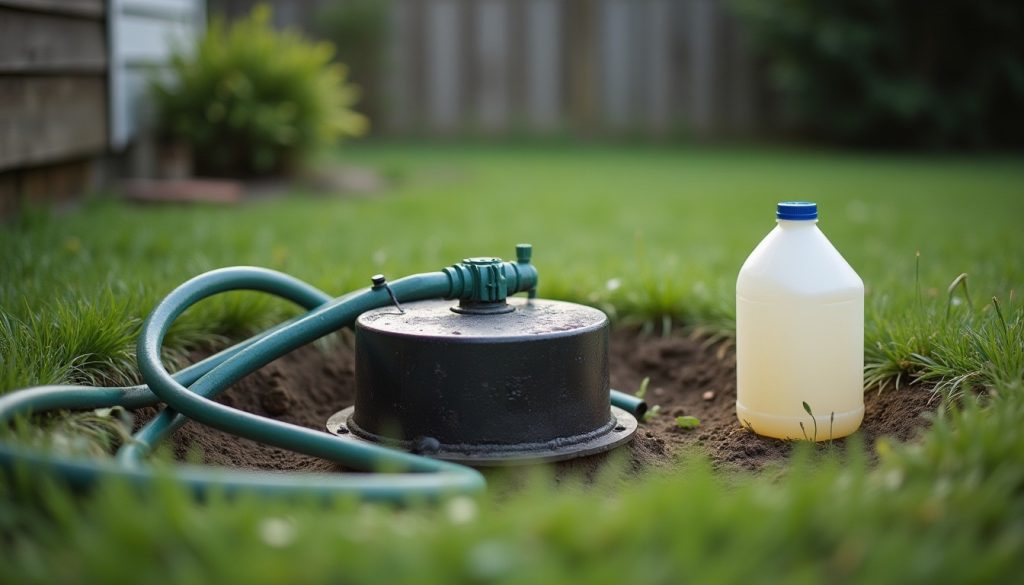 A residential well cap with its cover removed in a grassy yard, a garden hose coiled beside it and a plain unlabeled pla