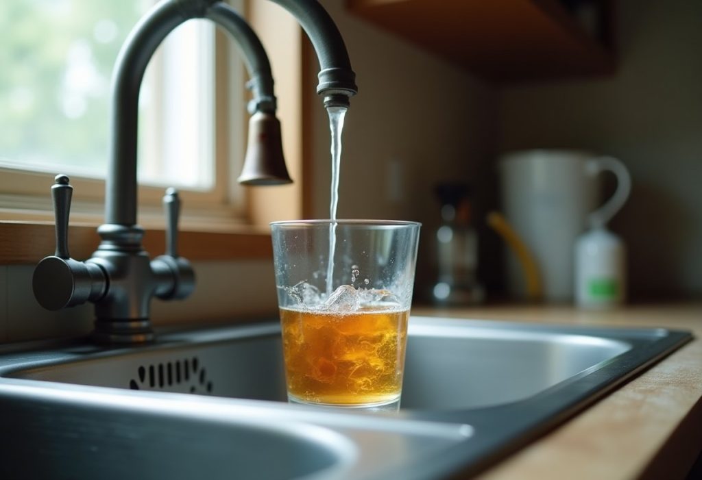 Two glasses of well water, one clear and one orange-tinted, on a kitchen sink