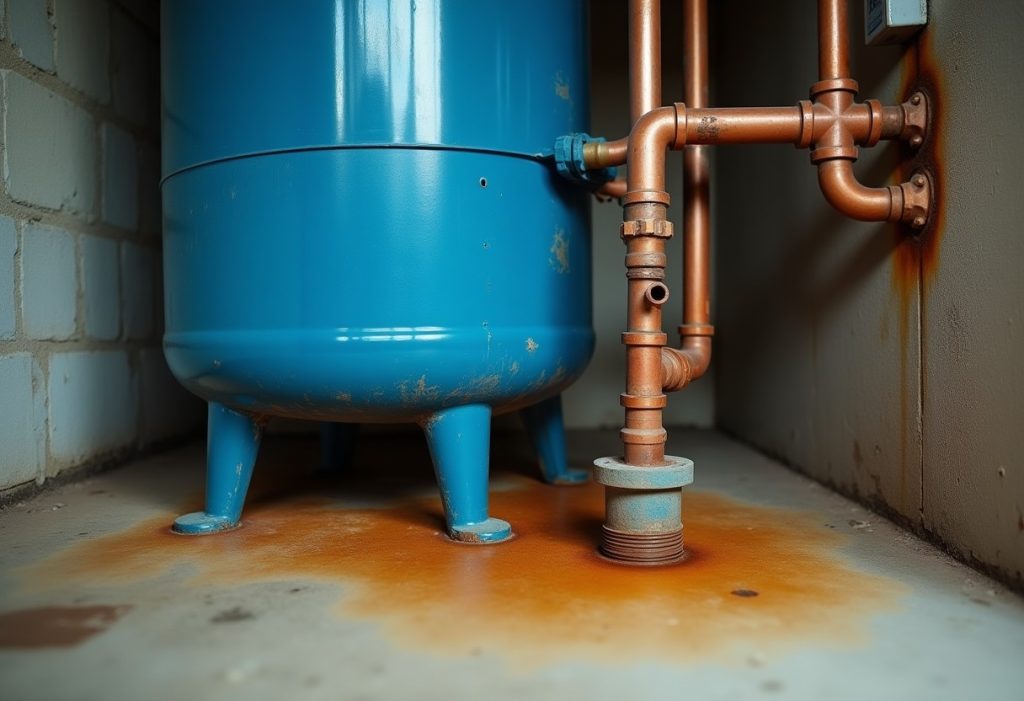 Well pressure tank beside copper piping with rust stains on the floor
