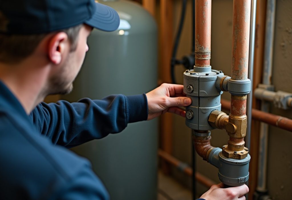 Plumber adjusting a bypass valve on an iron filter and softener system