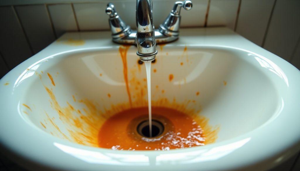 Orange rust stains streaking down the inside of a white porcelain sink beneath a dripping chrome faucet, natural window