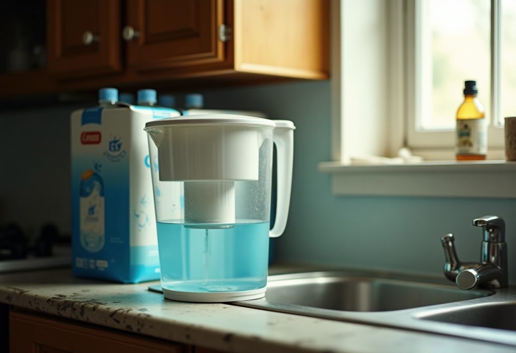 Kitchen counter with a filter pitcher and stacked bottled water near a sink.