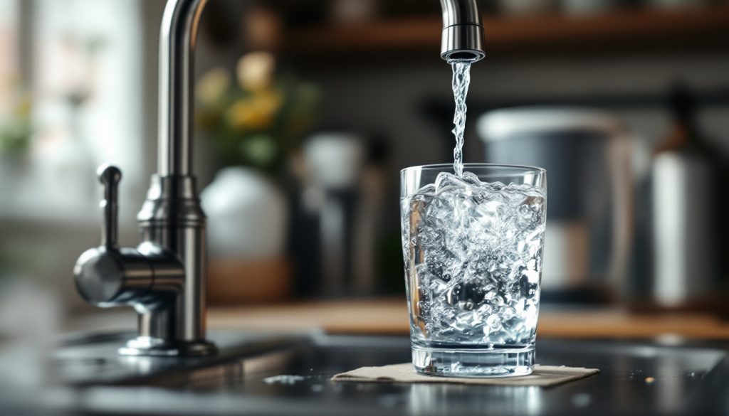 A clear glass of water being filled from a kitchen faucet, a water filter pitcher on the counter beside it