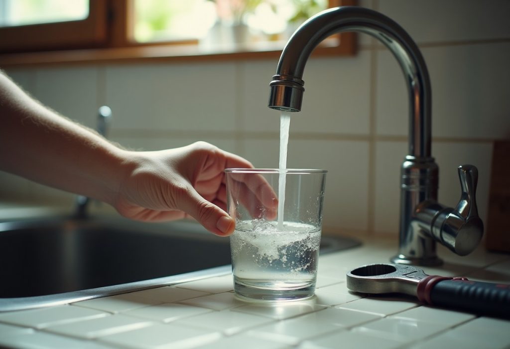 Hand turning on a faucet, water filling a glass, wrench on a toolbox nearby.