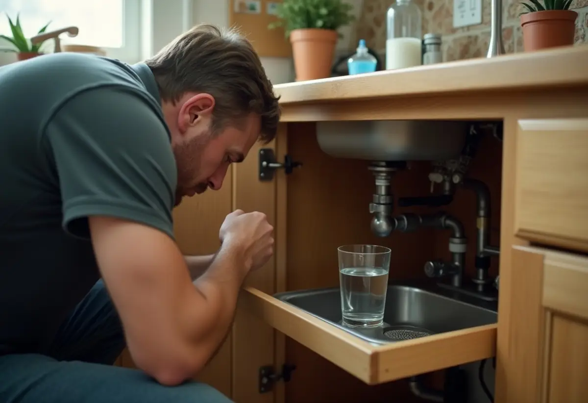 Person checking the kitchen sink drain opening and cabinet for odor source