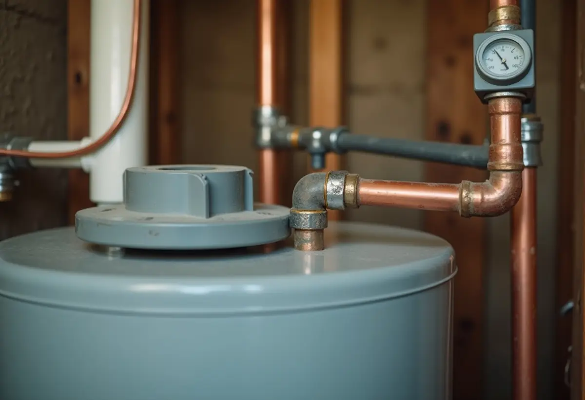 Residential water heater tank with hot water outlet pipe in a utility space