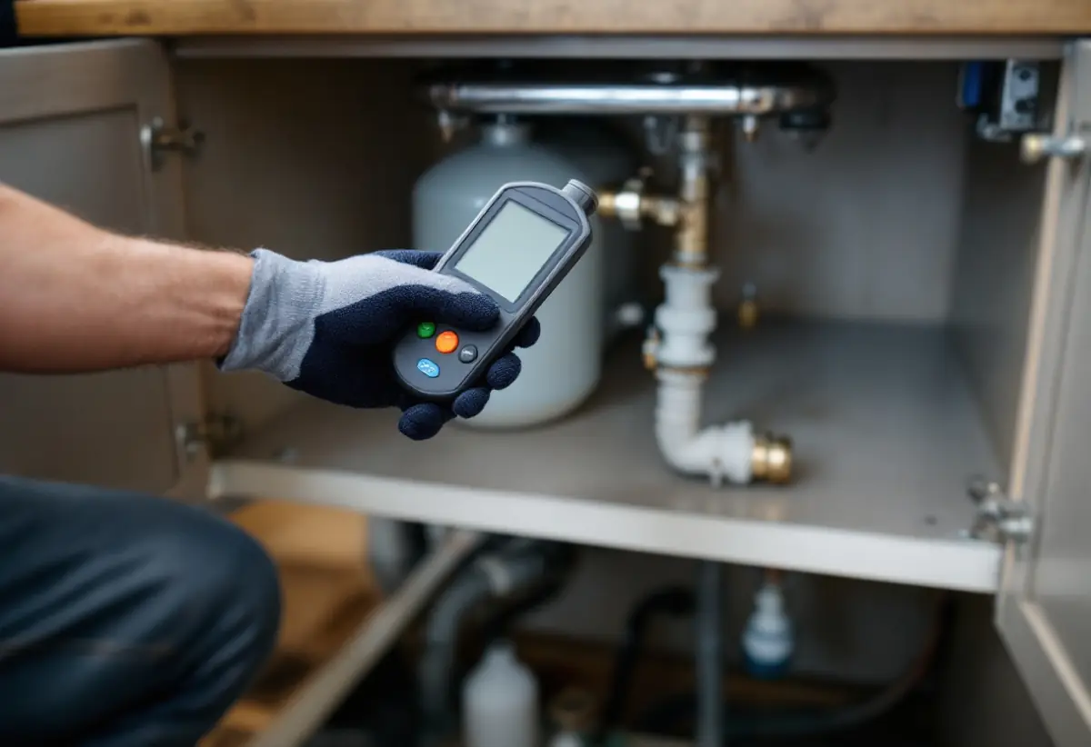 Plumber using a gas detector near an open kitchen sink drain and cabinet