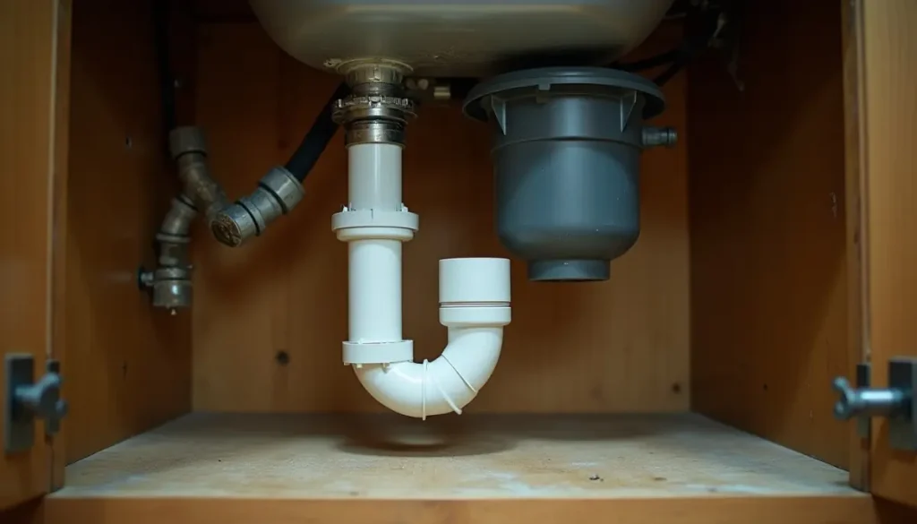View under a kitchen sink cabinet showing a white PVC P-trap, a garbage disposal and a dishwasher drain hose, flashlight