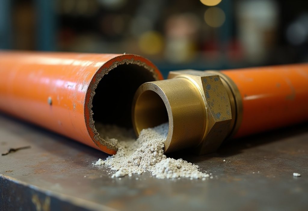 Cut open brass Kitec fitting showing white corrosion crust and pitted metal