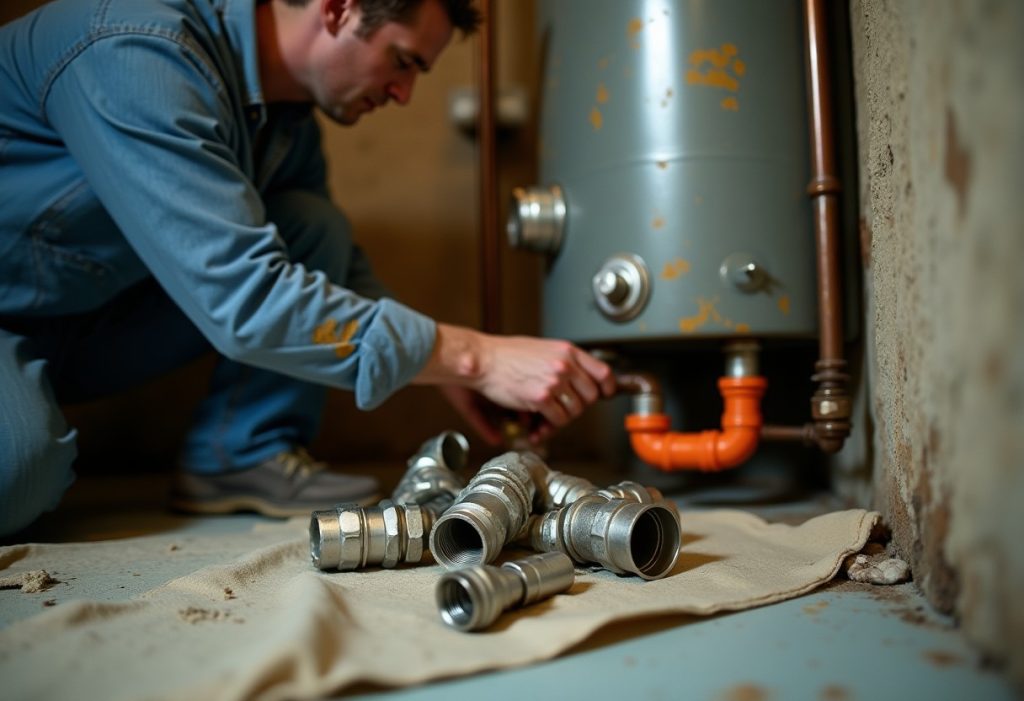 Plumber removing orange Kitec pipe from a water heater connection
