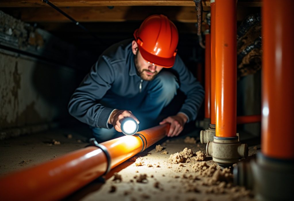 Plumber inspecting orange plastic pipes with a flashlight in a crawl space
