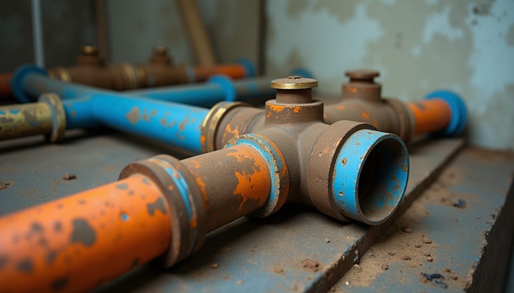 Sections of old orange and blue composite water pipe with corroded brass fittings laid on a workbench after removal from