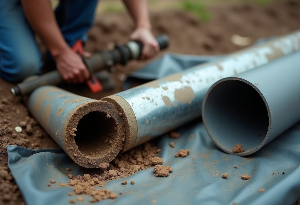 Cut galvanized steel pipe with corroded interior beside a smooth lead pipe on a tarp.