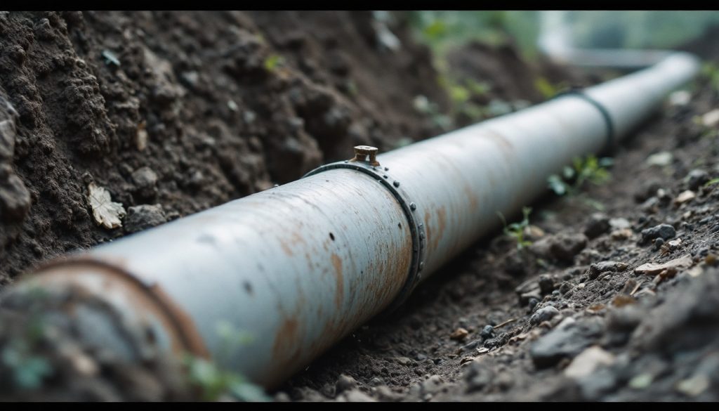 An old dull grey lead water service pipe pulled from the ground lying beside an excavation