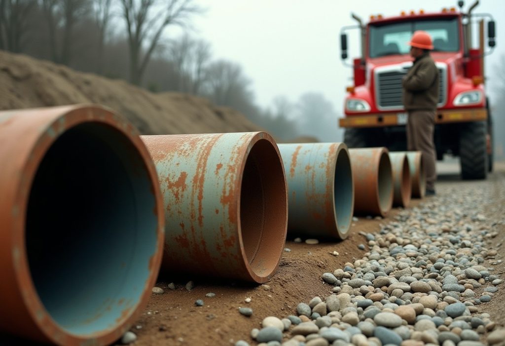 Several excavated pipe sections of varying materials lined up on gravel.