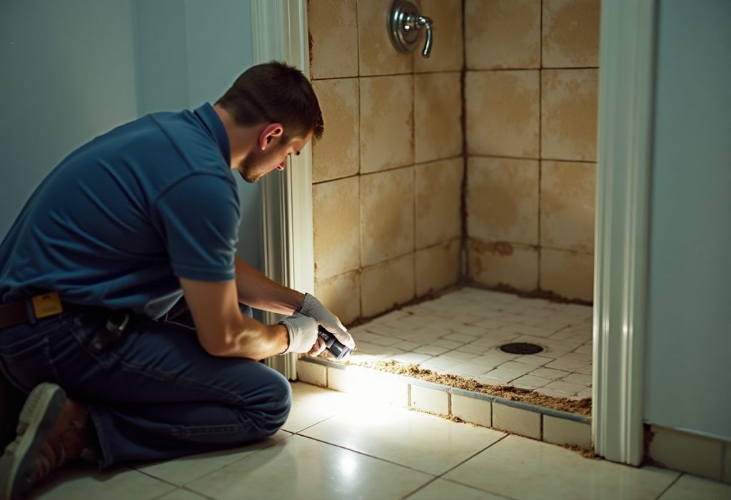 Plumber inspecting shower base with flashlight near open ceiling access panel