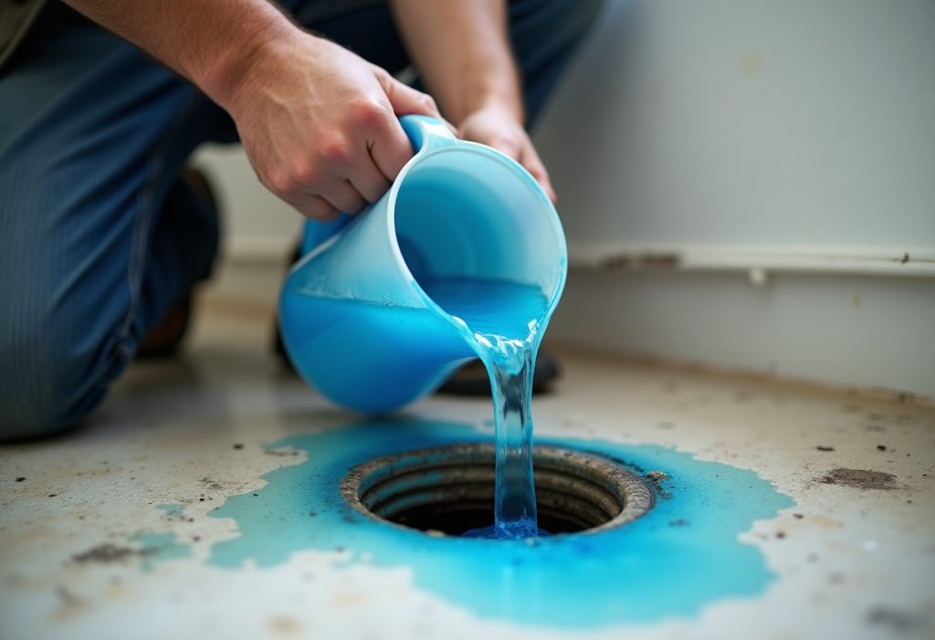 Blue dyed water poured into a shower drain with pipe visible below