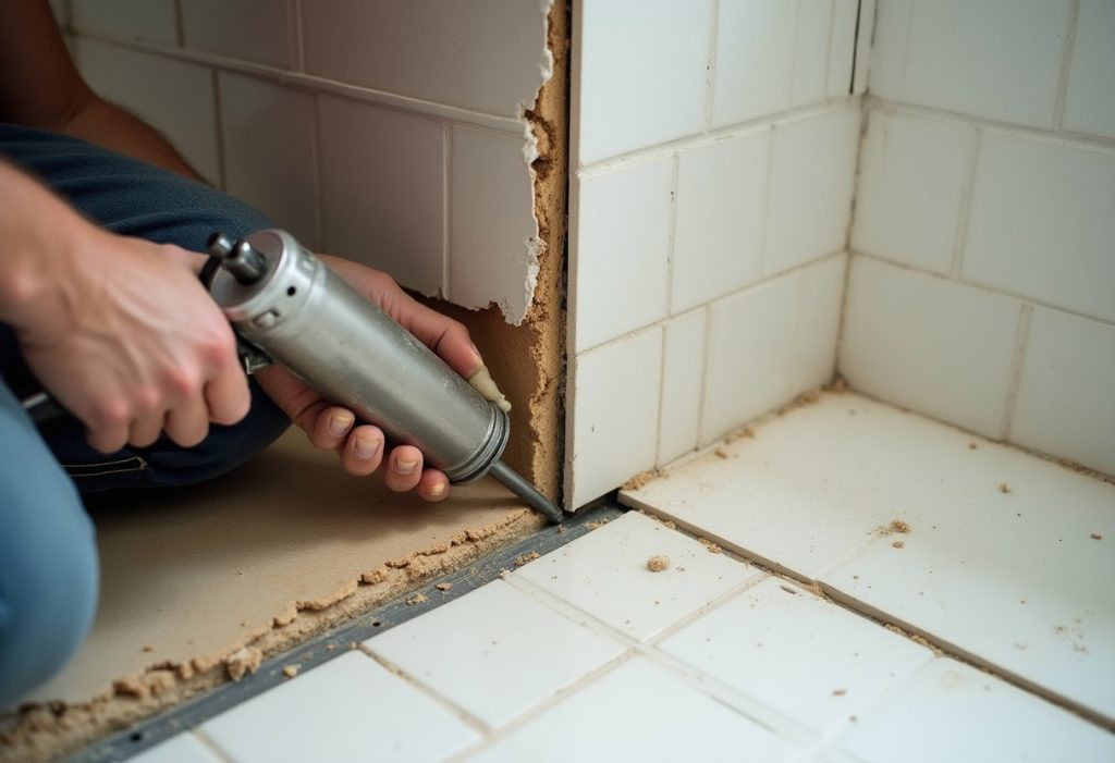 Caulking gun sealing shower floor and wall joint with torn-out tile nearby