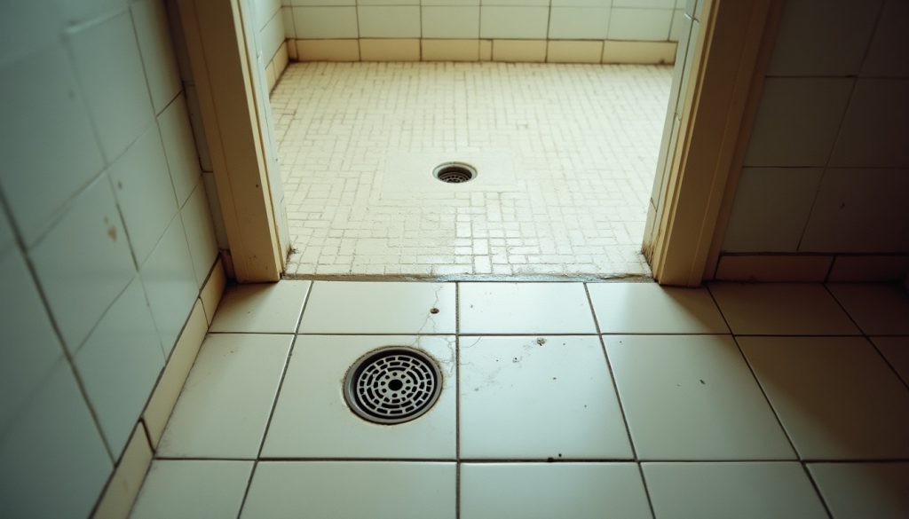 A tiled walk-in shower floor with darkened grout lines around the drain and a water stain on the drywall ceiling below v