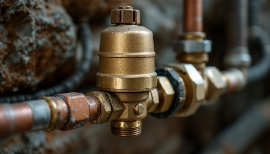 Brass bell-shaped pressure-reducing valve on copper pipe, with adjusting screw and nearby ball valve.