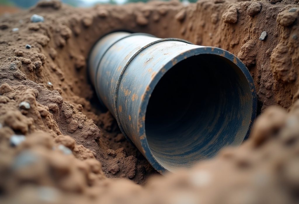 Excavated black fiber sewer pipe crushed into an oval shape in a dirt trench