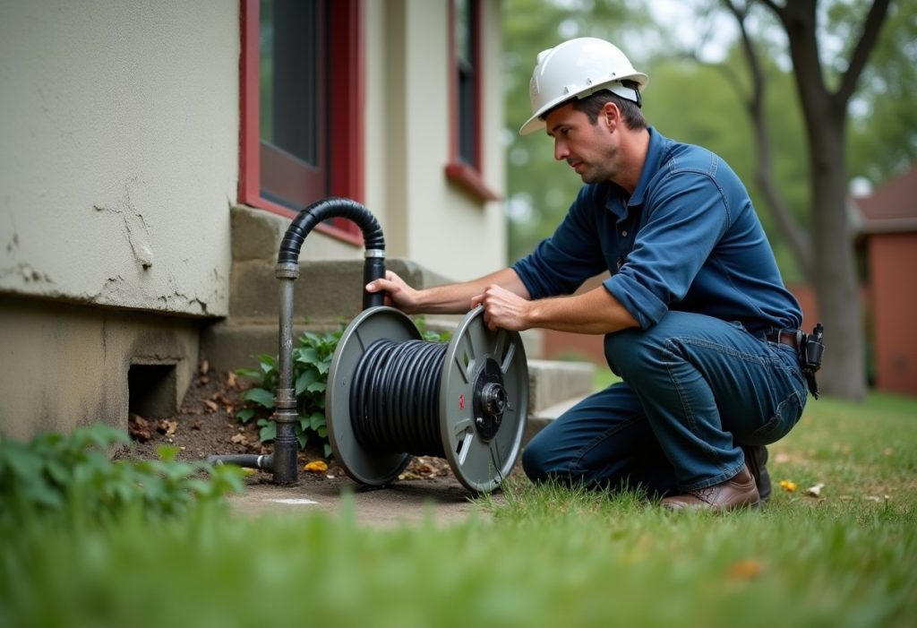 Plumber inserting a sewer camera cable into a cleanout pipe in a yard