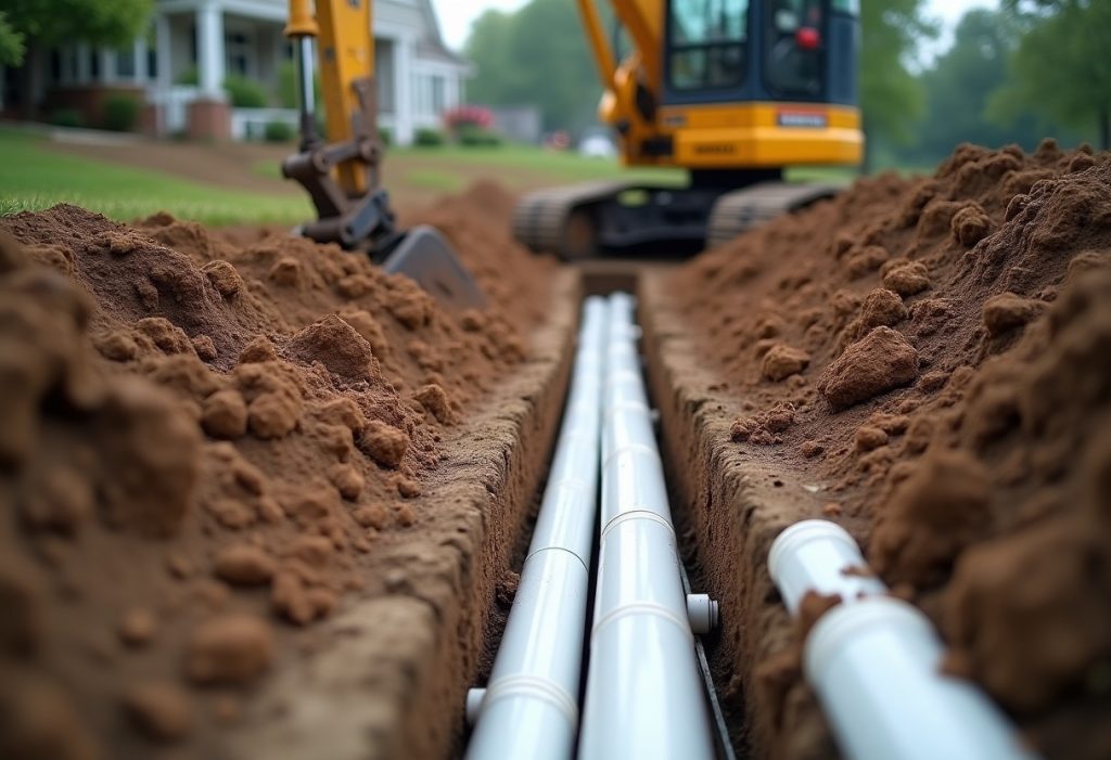 New white PVC pipe laid in an open trench beside a mini excavator and soil piles