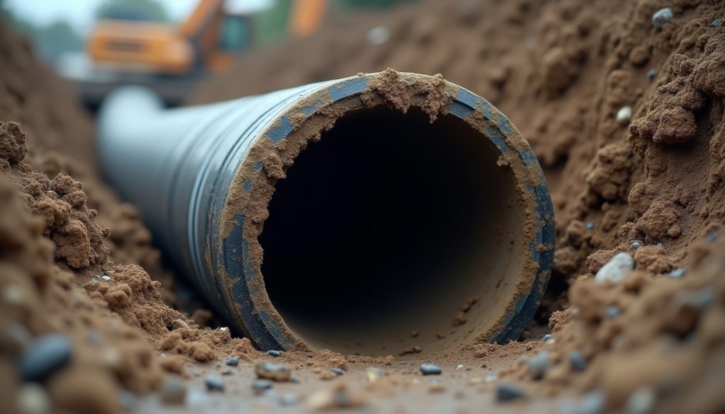 A section of old black fiber sewer pipe dug up in a trench, its wall deformed and blistered, wet soil around it, overcas