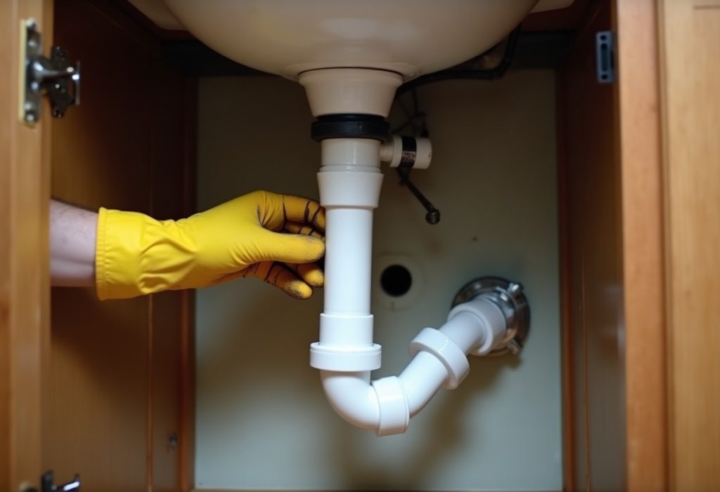 Hand tracing a vent pipe above a P-trap under a sink cabinet