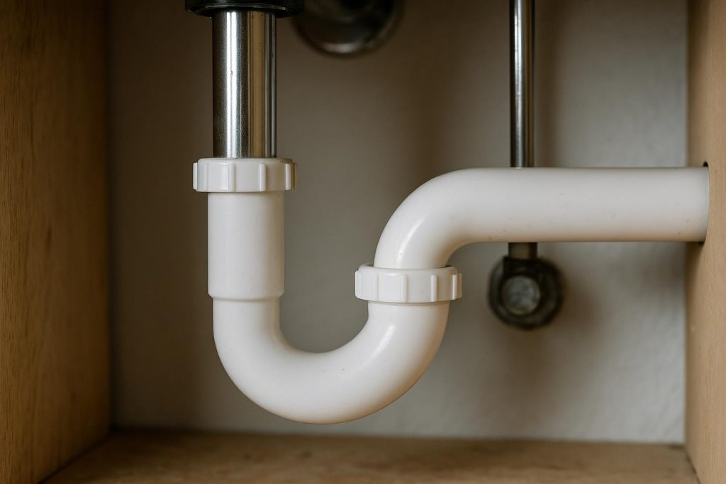 A white PVC P-trap under a bathroom sink