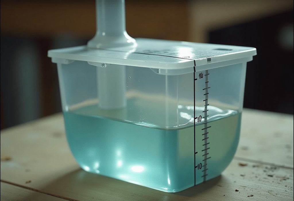 Clear test trap on workbench showing water seal depth between marks