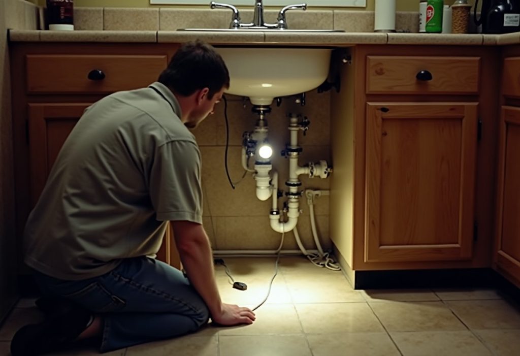 Plumber inspecting drain pipe dropping straight down under sink