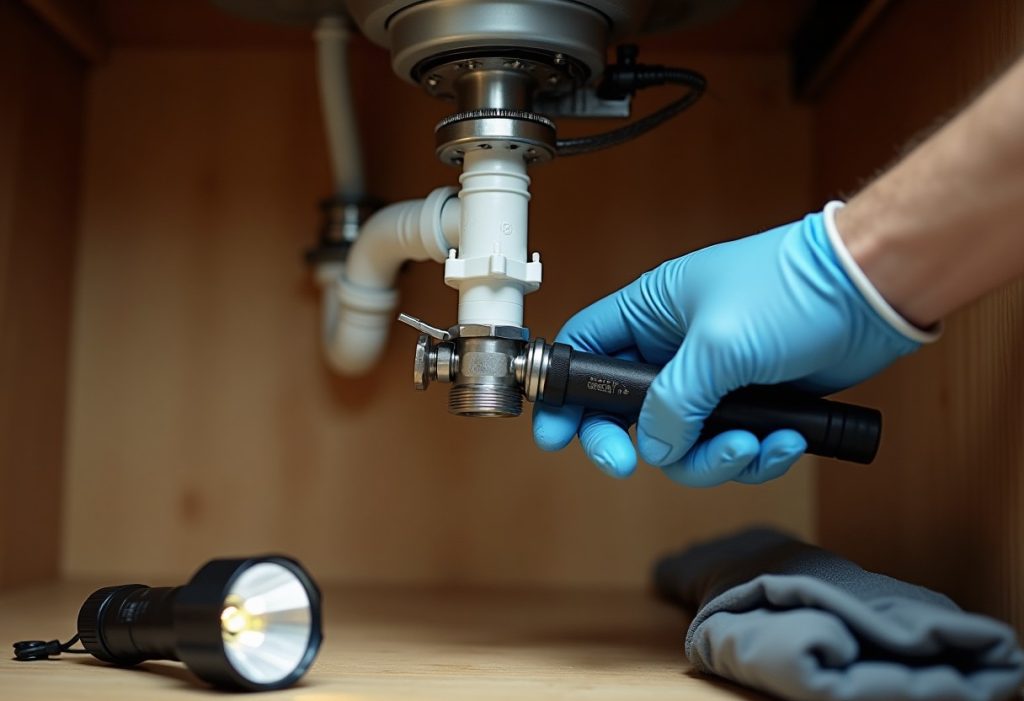 Cinch tool clamping a stainless ring onto PEX tubing over a barbed fitting under a sink