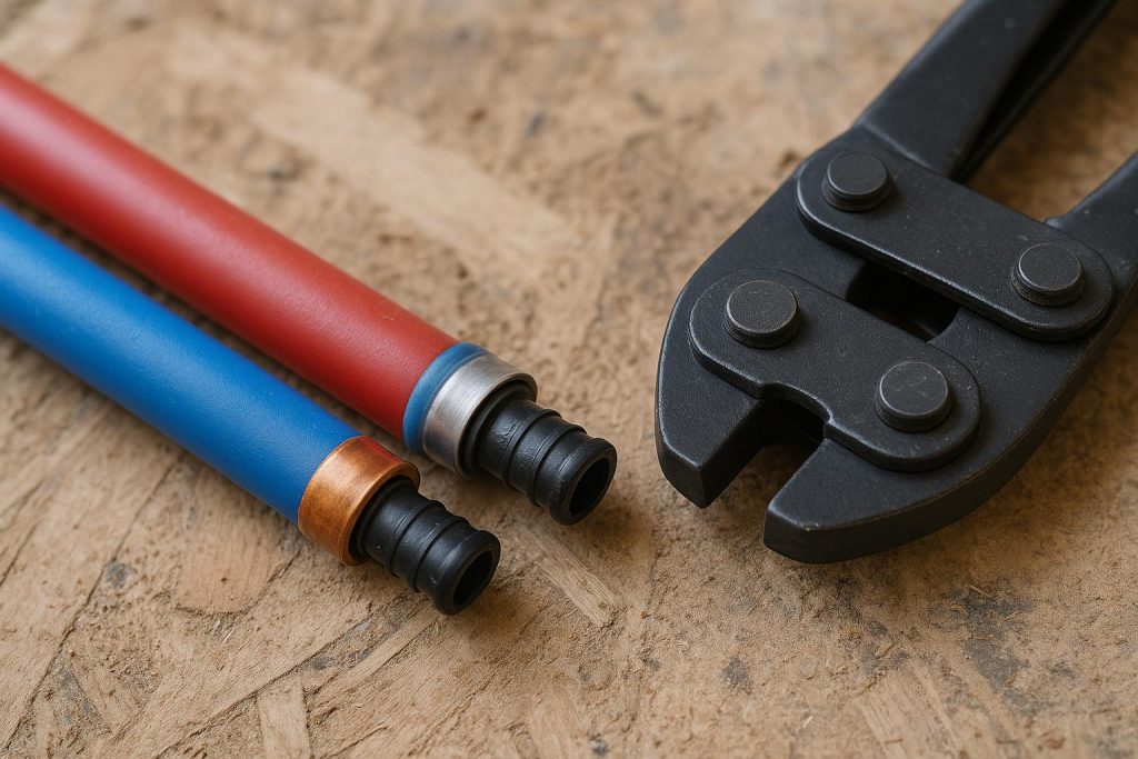 A PEX crimp ring and a stainless cinch clamp on PEX tubing