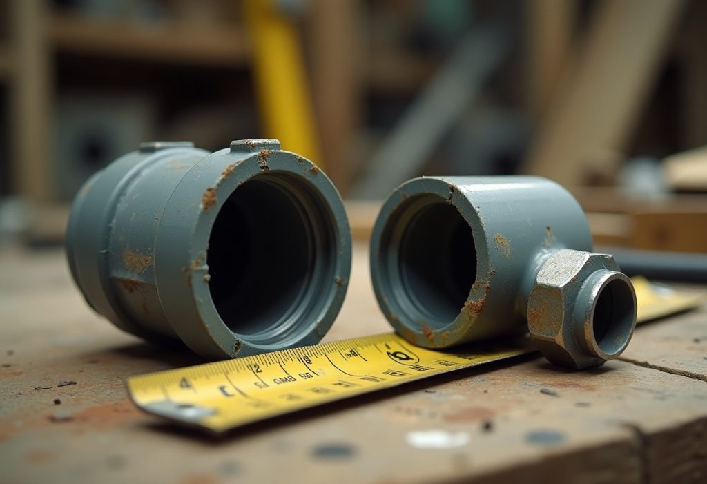 Cutaway PEX fittings on a workbench showing different inside diameters