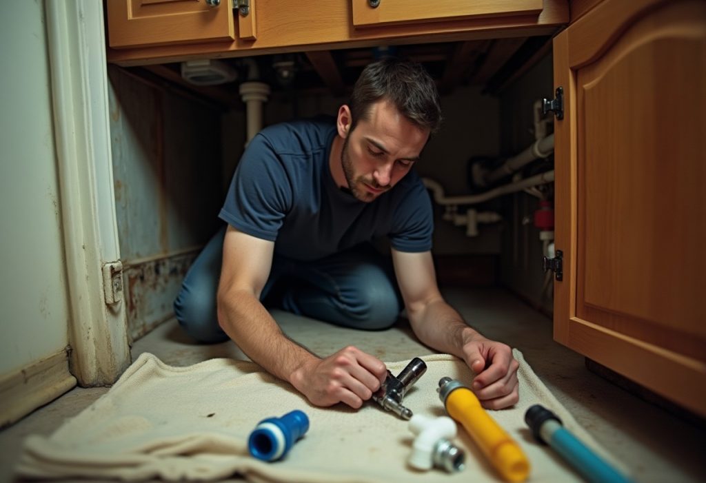 Cinch tool and crimp tool laid out beside PEX tubing under a bathroom vanity
