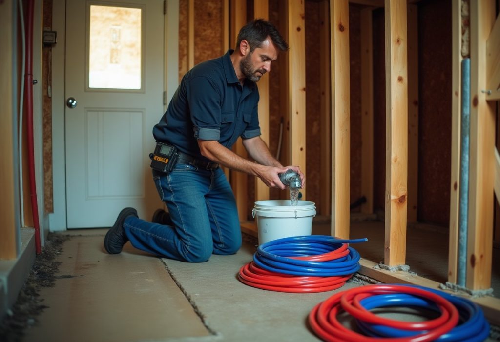 Plumber flushing water from new red and blue PEX tubing into a bucket in a basement