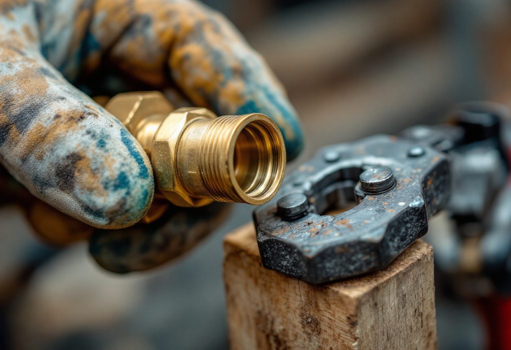 Gloved hands holding a corroded brass PEX fitting next to a crimping tool